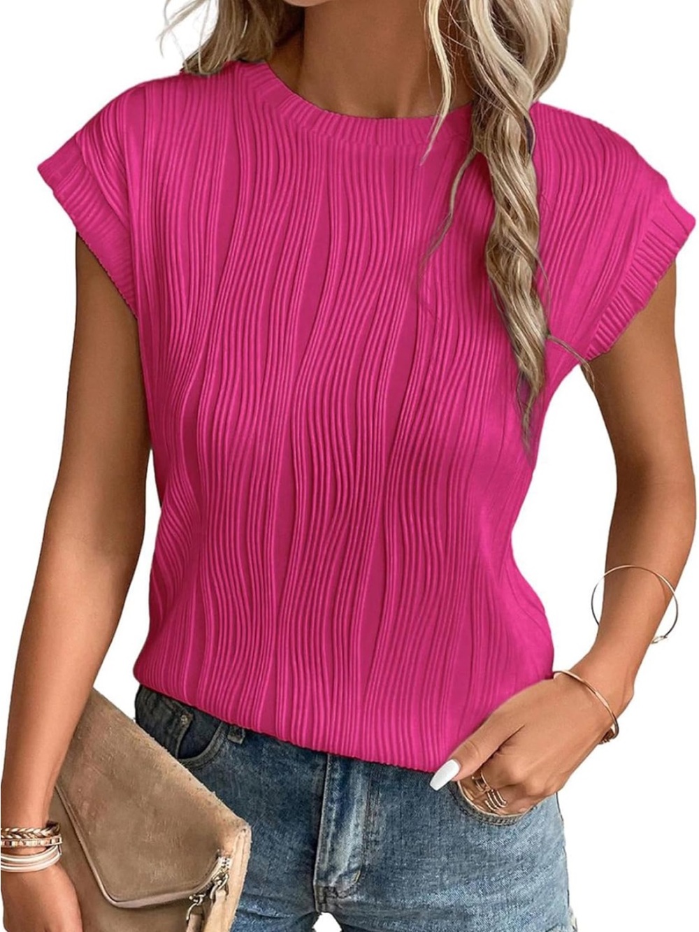 Sleeveless Pleated Wave-Texture Top - Fuchsia Pink